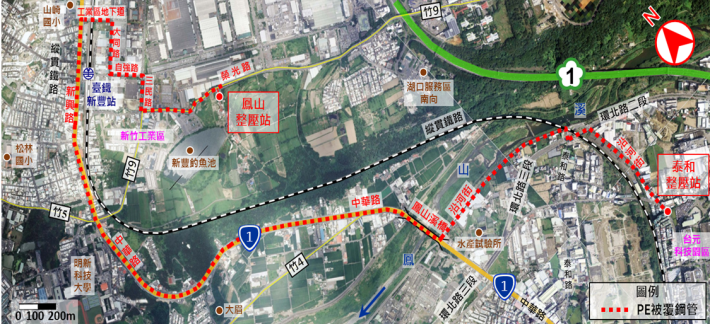 官網-專用管線建置於泰和整壓站至鳳山整壓站間新設12吋被覆無縫鋼管，總長約6100公尺。