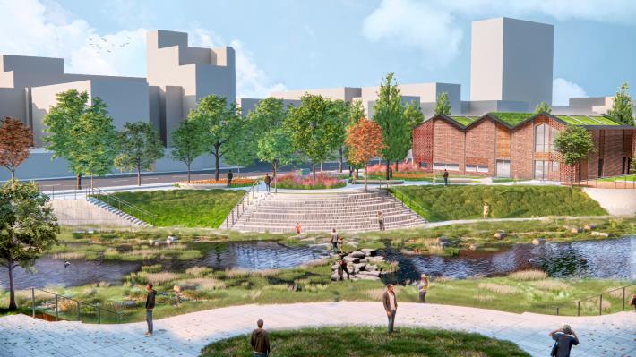 將礫間處理場、文信公園周邊，以及儒林橋至翰林橋周邊變身成為景觀花園，設置親水階梯、步道及跨河跳石，讓孩童可以近距離的親近豆子埔溪